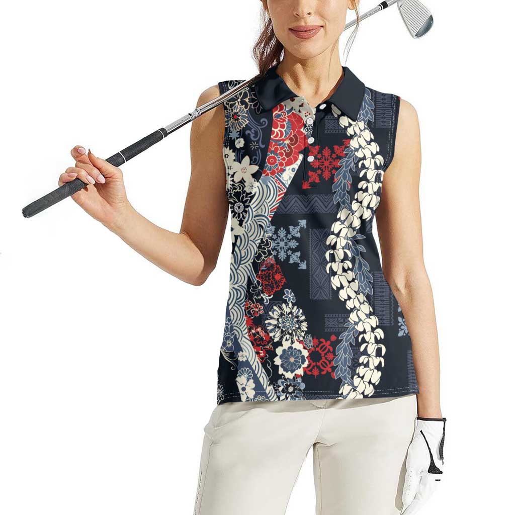 Hawaii Puakenikeni and Maile Lei Women Sleeveless Polo Shirt Navy Blue Japanese Wave Style - Polynesian Pride