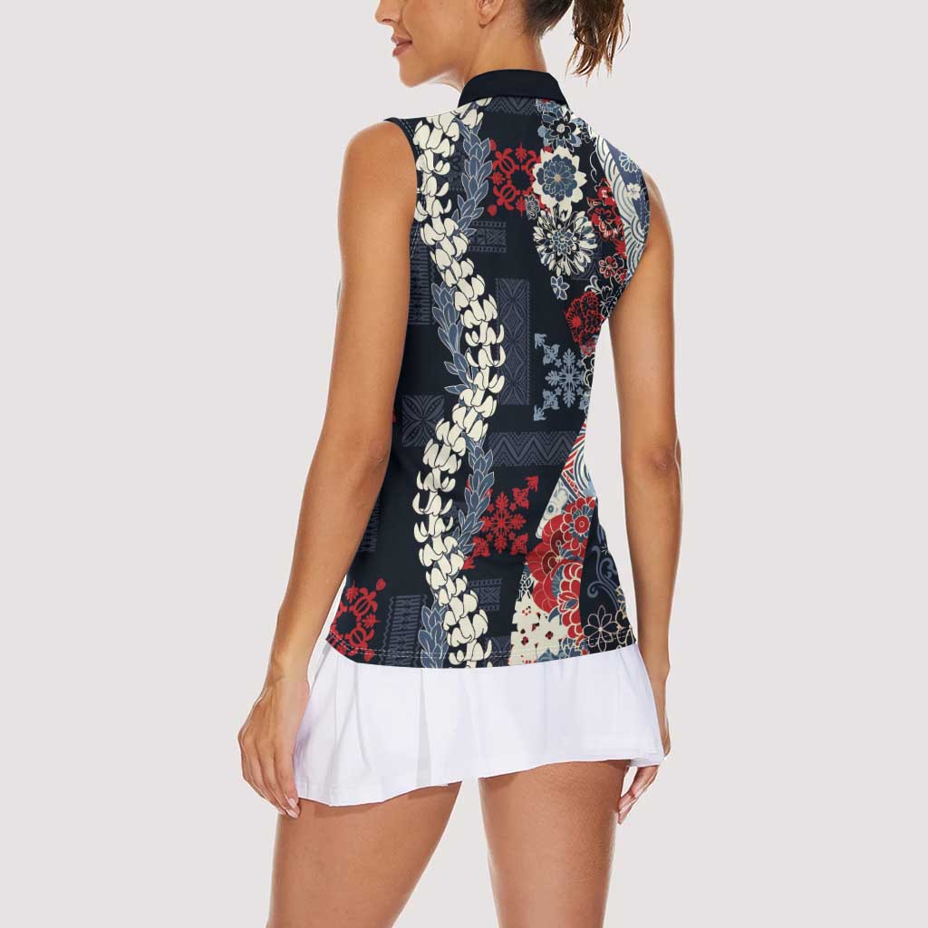 Hawaii Puakenikeni and Maile Lei Women Sleeveless Polo Shirt Navy Blue Japanese Wave Style - Polynesian Pride
