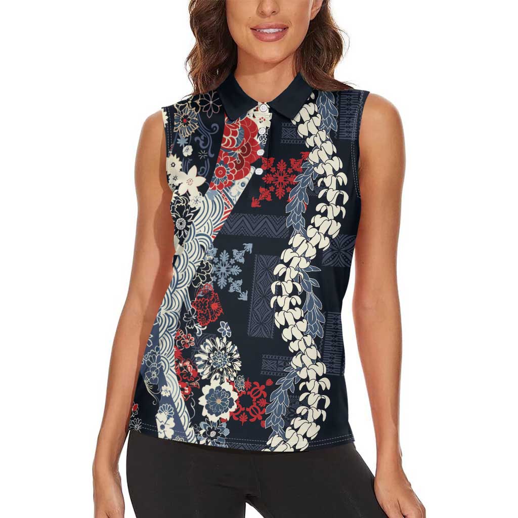 Hawaii Puakenikeni and Maile Lei Women Sleeveless Polo Shirt Navy Blue Japanese Wave Style - Polynesian Pride