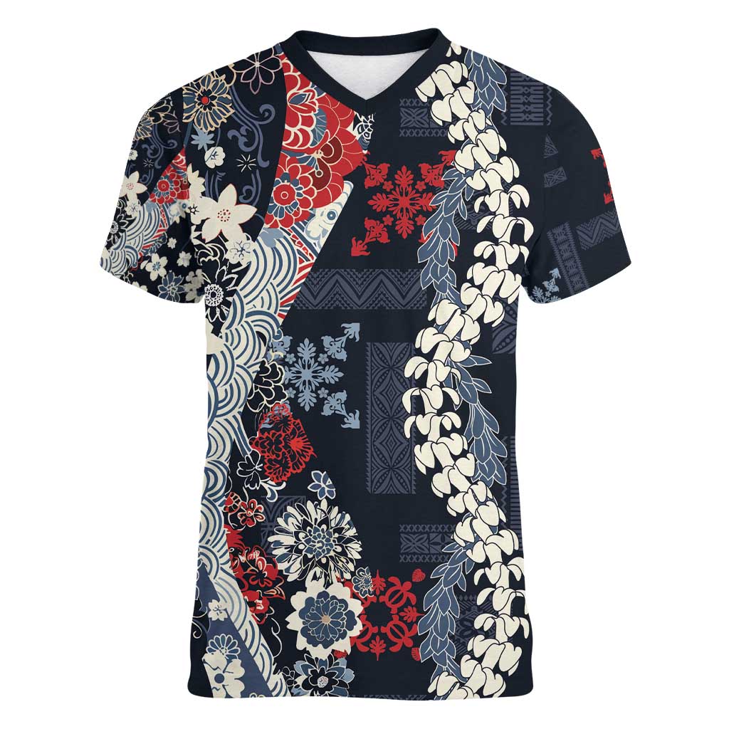 Hawaii Puakenikeni and Maile Lei Women V-Neck T-Shirt Navy Blue Japanese Wave Style - Polynesian Pride