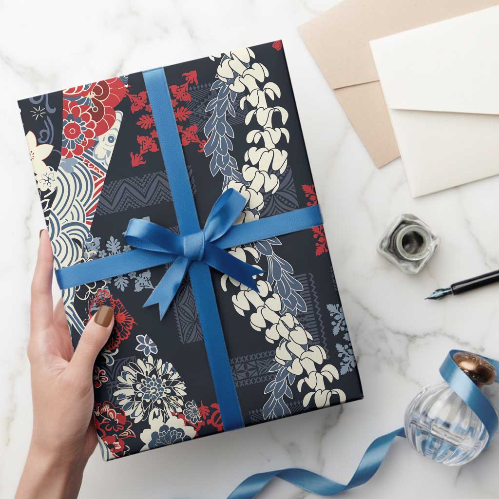 Hawaii Puakenikeni and Maile Lei Wrapping Paper Navy Blue Japanese Wave Style - Polynesian Pride