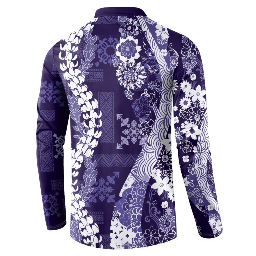 Hawaii Puakenikeni and Maile Lei Button Sweatshirt Purple Japanese Wave Style - Polynesian Pride