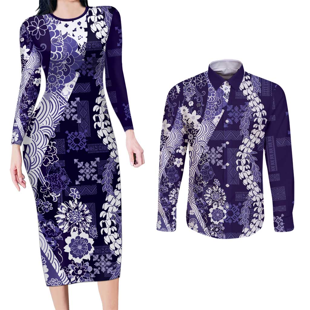 Hawaii Puakenikeni and Maile Lei Couples Matching Long Sleeve Bodycon Dress and Long Sleeve Button Shirt Purple Japanese Wave Style LT9 Purple - Polynesian Pride