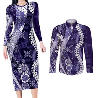 Hawaii Puakenikeni and Maile Lei Couples Matching Long Sleeve Bodycon Dress and Long Sleeve Button Shirt Purple Japanese Wave Style LT9 Purple - Polynesian Pride