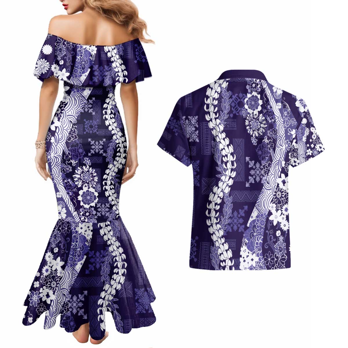 Hawaii Puakenikeni and Maile Lei Couples Matching Mermaid Dress and Hawaiian Shirt Purple Japanese Wave Style LT9 - Polynesian Pride