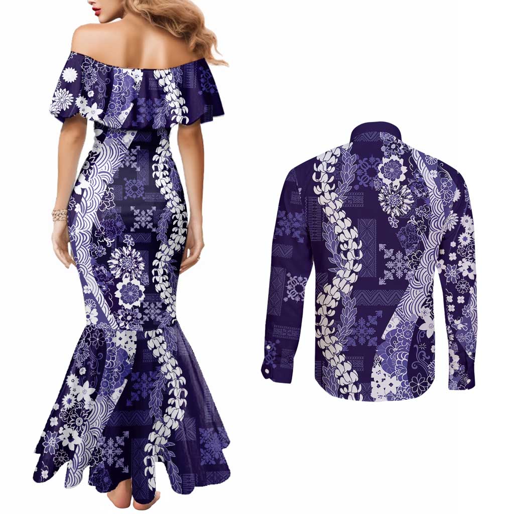 Hawaii Puakenikeni and Maile Lei Couples Matching Mermaid Dress and Long Sleeve Button Shirt Purple Japanese Wave Style LT9 - Polynesian Pride
