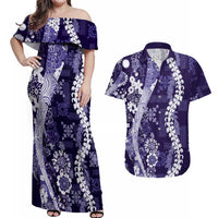 Hawaii Puakenikeni and Maile Lei Couples Matching Off Shoulder Maxi Dress and Hawaiian Shirt Purple Japanese Wave Style LT9 Purple - Polynesian Pride