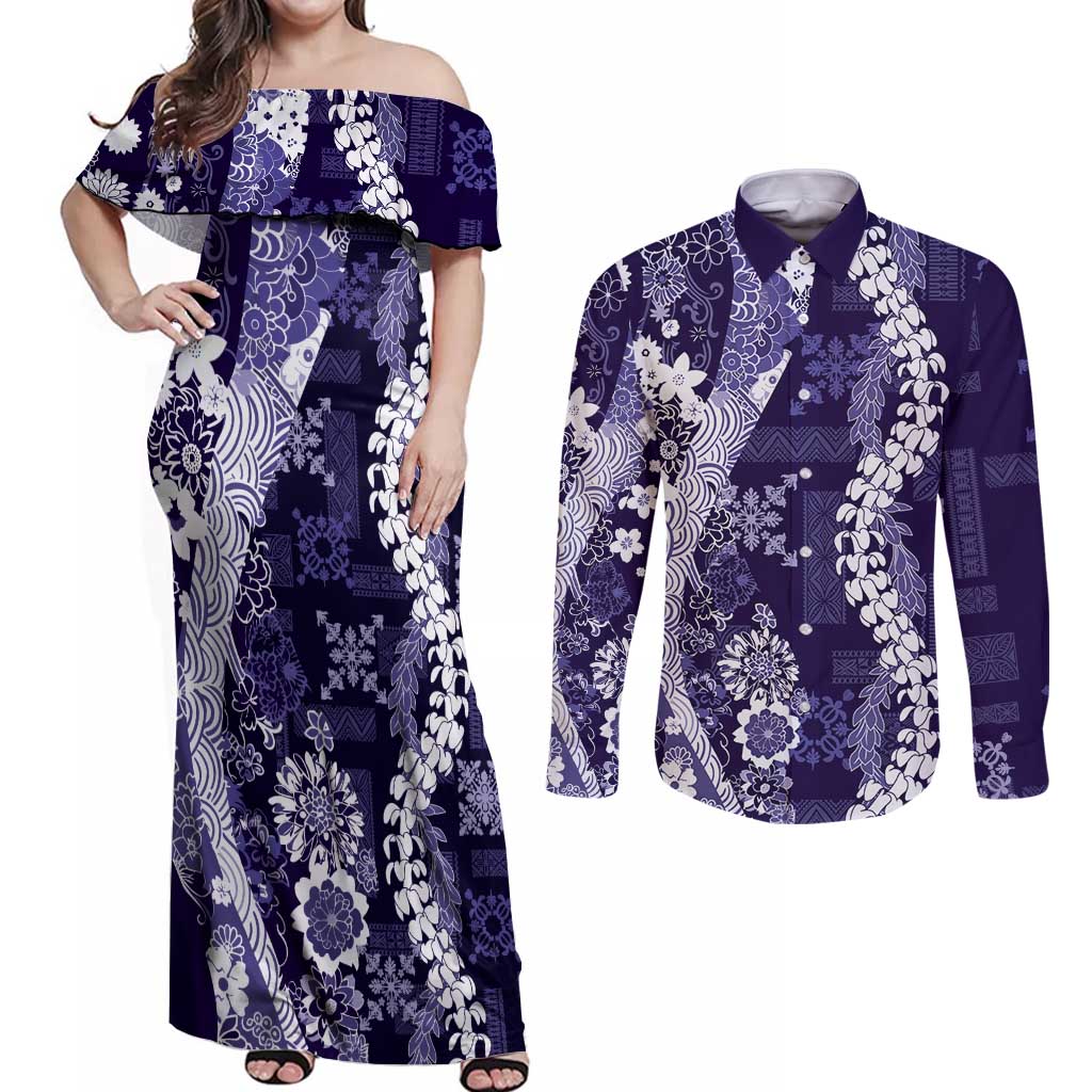 Hawaii Puakenikeni and Maile Lei Couples Matching Off Shoulder Maxi Dress and Long Sleeve Button Shirt Purple Japanese Wave Style LT9 Purple - Polynesian Pride