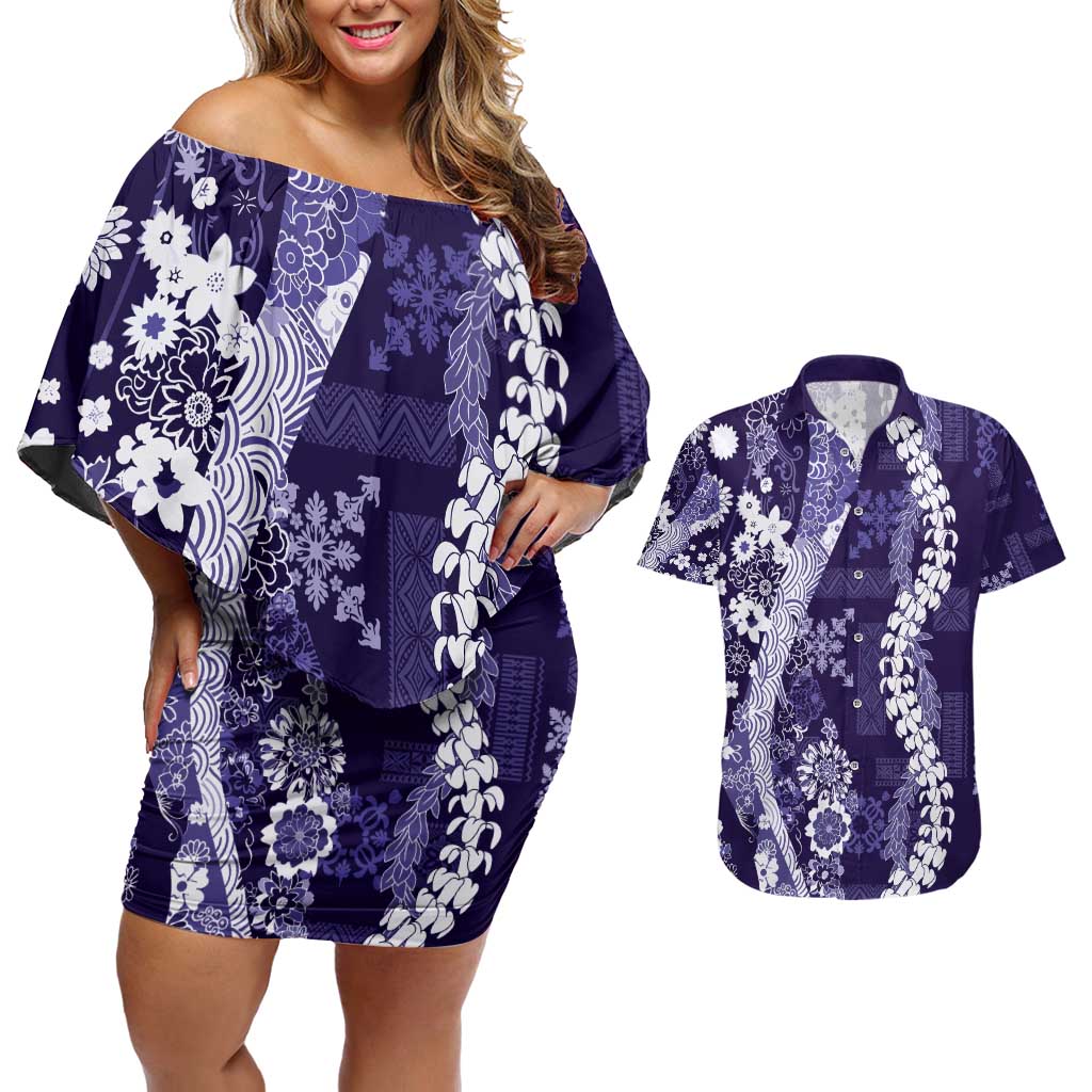 Hawaii Puakenikeni and Maile Lei Couples Matching Off Shoulder Short Dress and Hawaiian Shirt Purple Japanese Wave Style LT9 Purple - Polynesian Pride