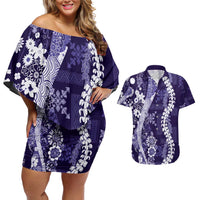 Hawaii Puakenikeni and Maile Lei Couples Matching Off Shoulder Short Dress and Hawaiian Shirt Purple Japanese Wave Style LT9 Purple - Polynesian Pride