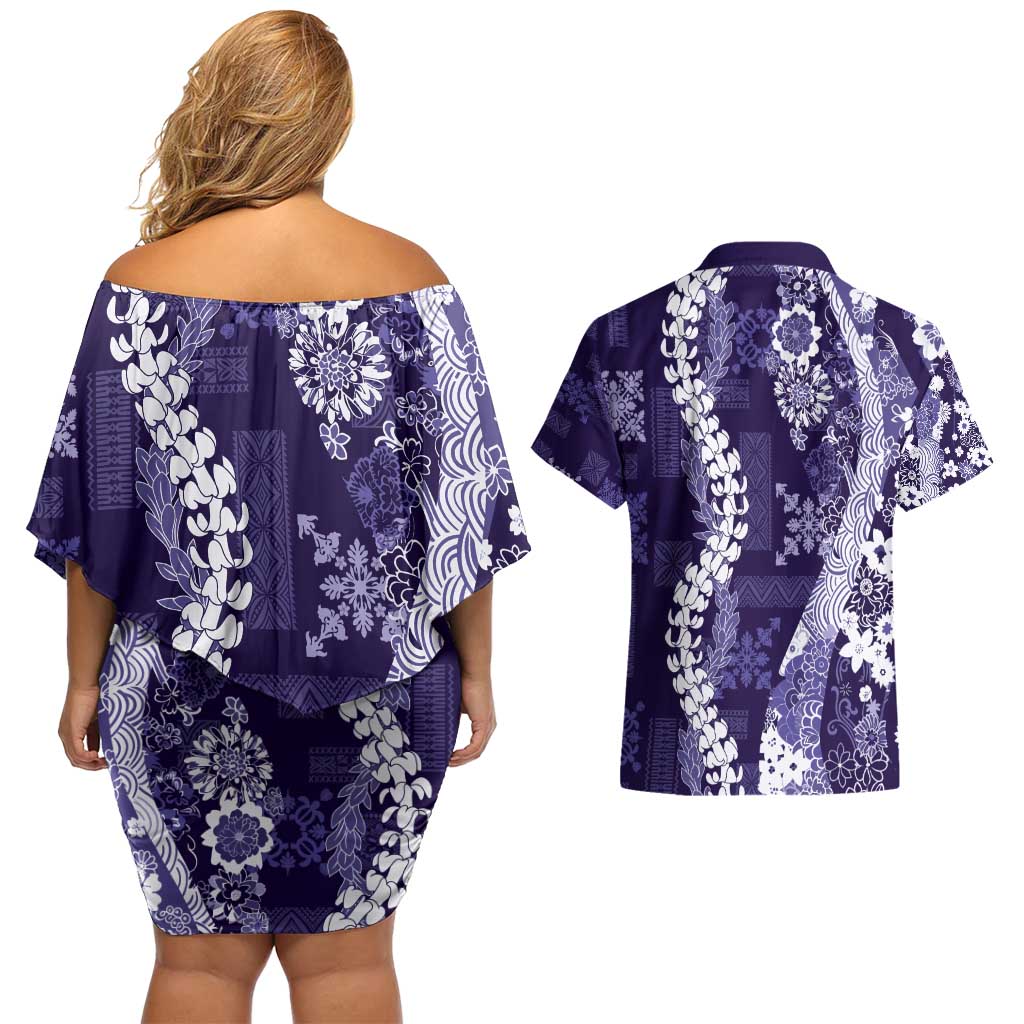 Hawaii Puakenikeni and Maile Lei Couples Matching Off Shoulder Short Dress and Hawaiian Shirt Purple Japanese Wave Style LT9 - Polynesian Pride