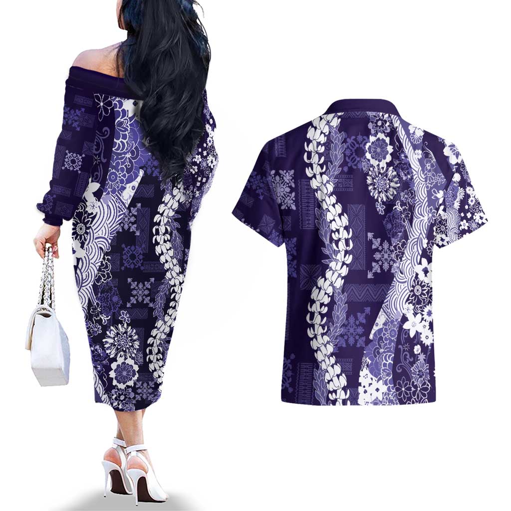 Hawaii Puakenikeni and Maile Lei Couples Matching Off The Shoulder Long Sleeve Dress and Hawaiian Shirt Purple Japanese Wave Style LT9 - Polynesian Pride