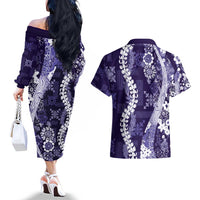 Hawaii Puakenikeni and Maile Lei Couples Matching Off The Shoulder Long Sleeve Dress and Hawaiian Shirt Purple Japanese Wave Style LT9 - Polynesian Pride