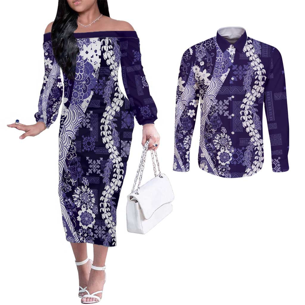 Hawaii Puakenikeni and Maile Lei Couples Matching Off The Shoulder Long Sleeve Dress and Long Sleeve Button Shirt Purple Japanese Wave Style LT9 Purple - Polynesian Pride