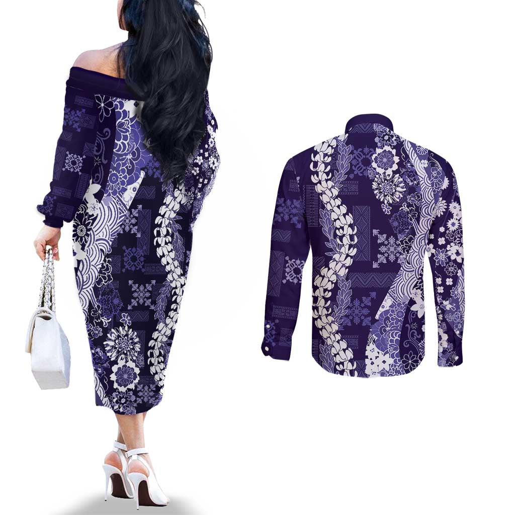 Hawaii Puakenikeni and Maile Lei Couples Matching Off The Shoulder Long Sleeve Dress and Long Sleeve Button Shirt Purple Japanese Wave Style LT9 - Polynesian Pride