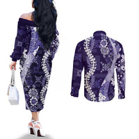 Hawaii Puakenikeni and Maile Lei Couples Matching Off The Shoulder Long Sleeve Dress and Long Sleeve Button Shirt Purple Japanese Wave Style LT9 - Polynesian Pride