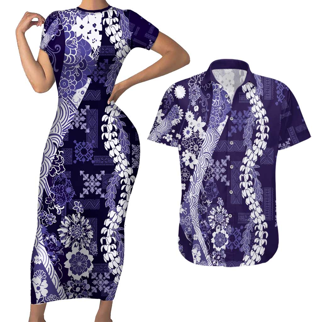Hawaii Puakenikeni and Maile Lei Couples Matching Short Sleeve Bodycon Dress and Hawaiian Shirt Purple Japanese Wave Style LT9 Purple - Polynesian Pride
