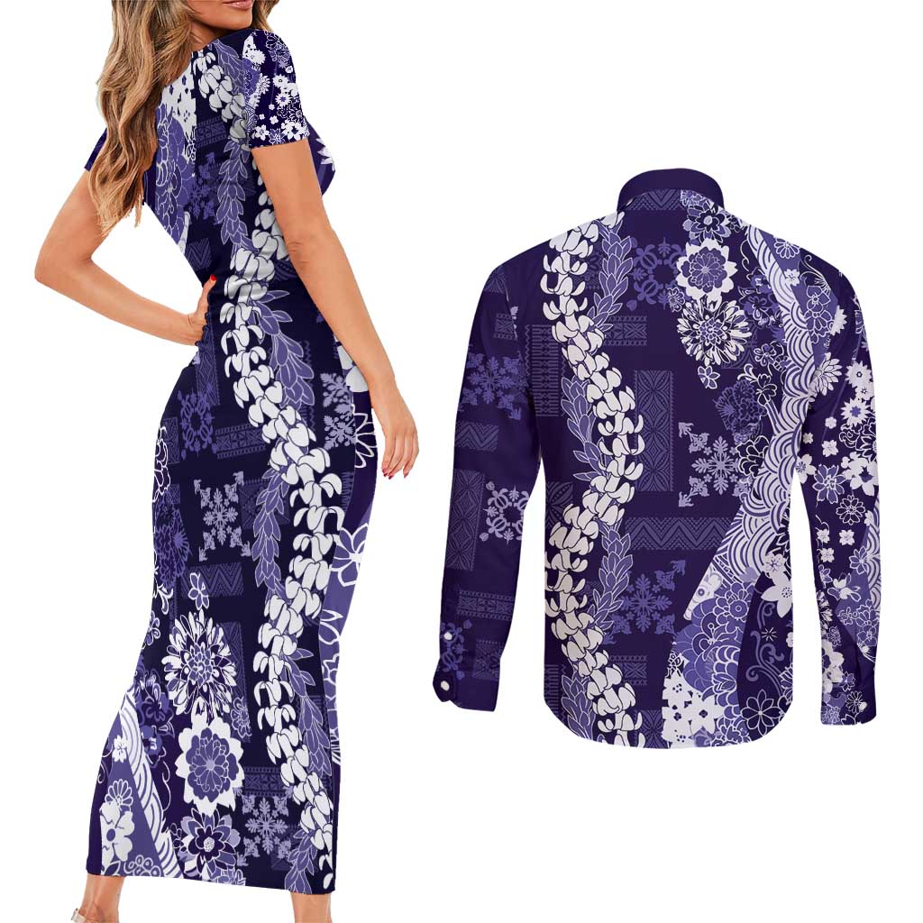 Hawaii Puakenikeni and Maile Lei Couples Matching Short Sleeve Bodycon Dress and Long Sleeve Button Shirt Purple Japanese Wave Style LT9 - Polynesian Pride