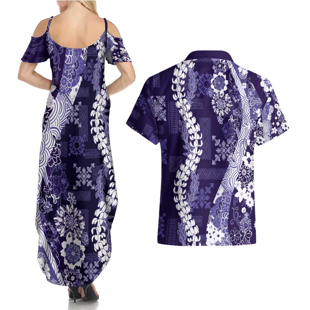 Hawaii Puakenikeni and Maile Lei Couples Matching Summer Maxi Dress and Hawaiian Shirt Purple Japanese Wave Style LT9 - Polynesian Pride