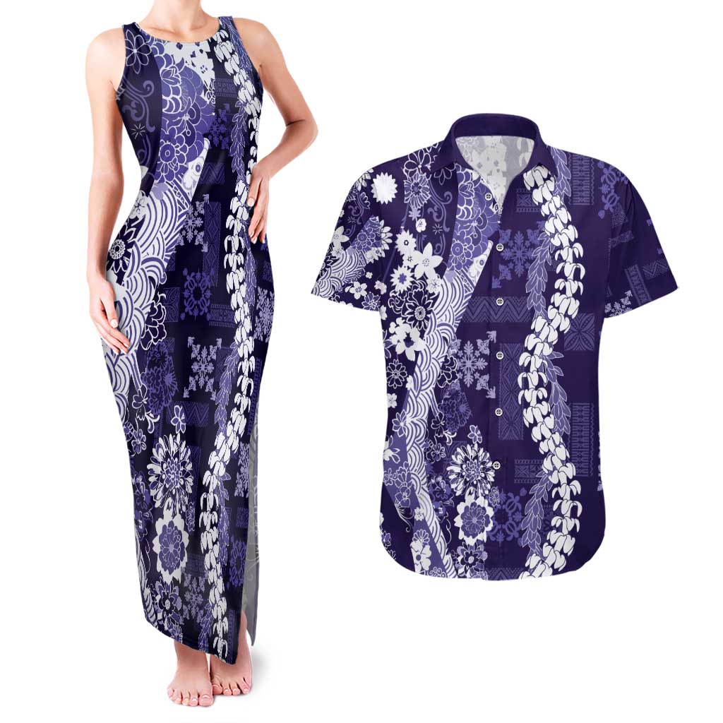 Hawaii Puakenikeni and Maile Lei Couples Matching Tank Maxi Dress and Hawaiian Shirt Purple Japanese Wave Style LT9 Purple - Polynesian Pride