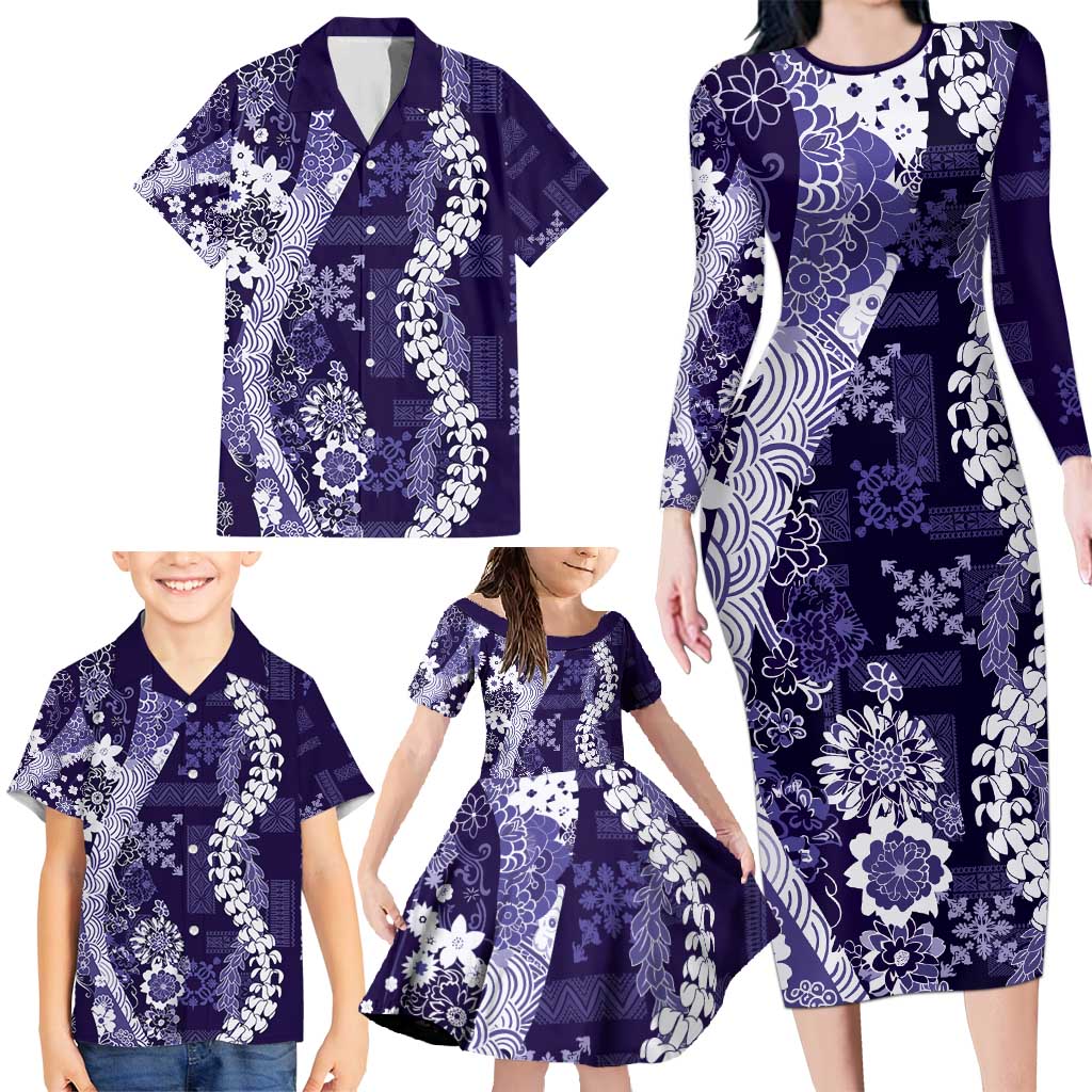 Hawaii Puakenikeni and Maile Lei Family Matching Long Sleeve Bodycon Dress and Hawaiian Shirt Purple Japanese Wave Style LT9 - Polynesian Pride