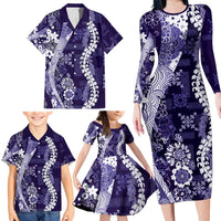 Hawaii Puakenikeni and Maile Lei Family Matching Long Sleeve Bodycon Dress and Hawaiian Shirt Purple Japanese Wave Style LT9 - Polynesian Pride