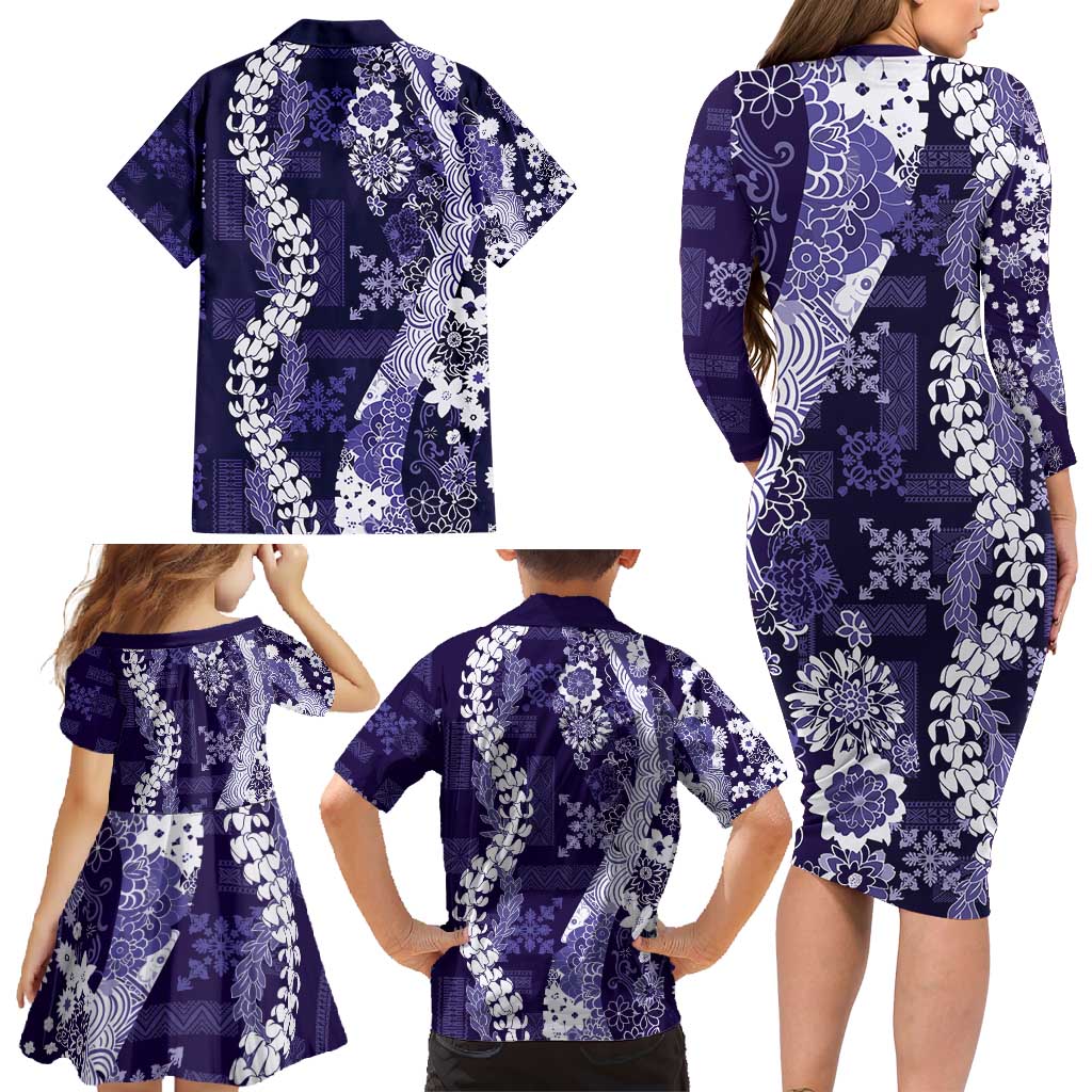 Hawaii Puakenikeni and Maile Lei Family Matching Long Sleeve Bodycon Dress and Hawaiian Shirt Purple Japanese Wave Style LT9 - Polynesian Pride