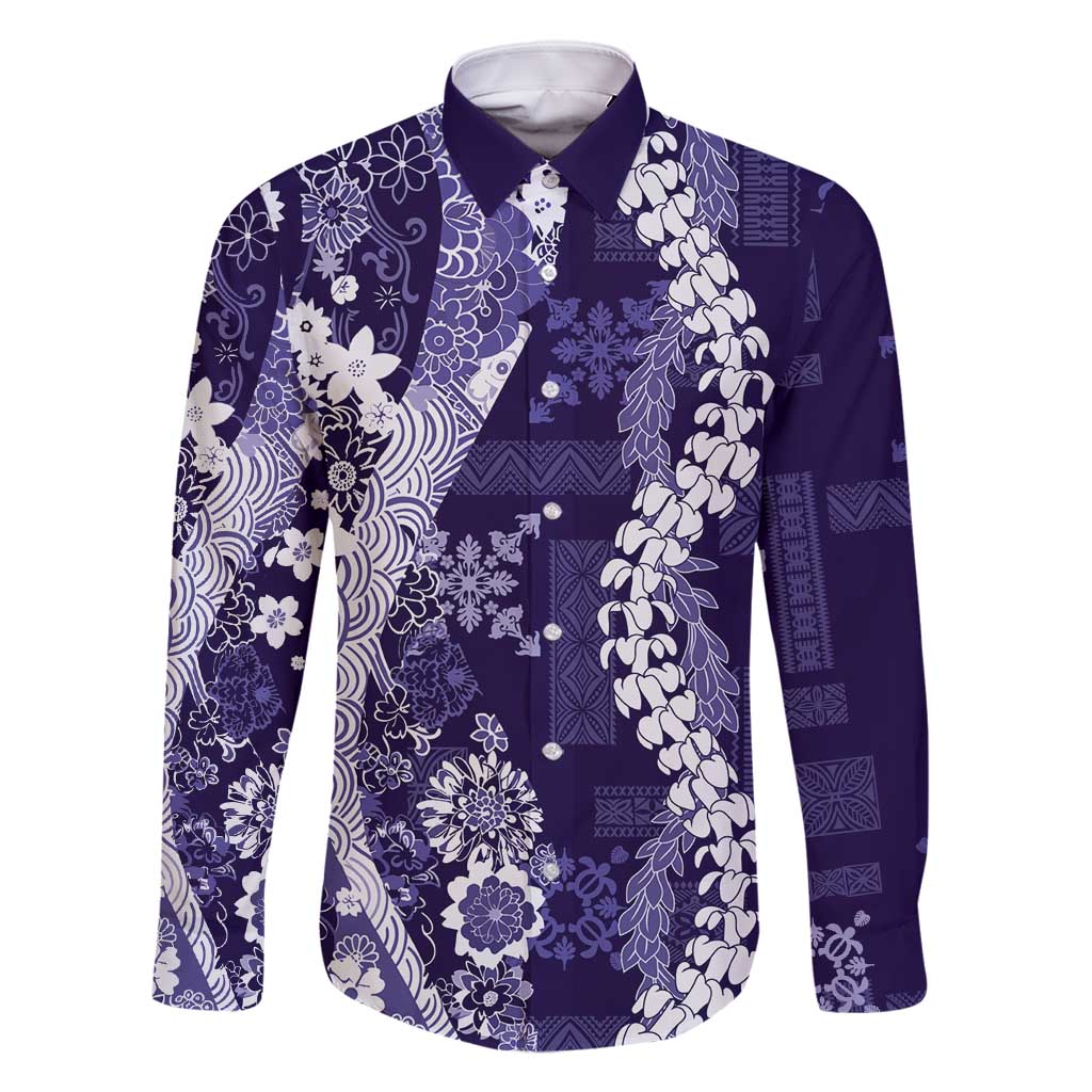 Hawaii Puakenikeni and Maile Lei Family Matching Long Sleeve Bodycon Dress and Hawaiian Shirt Purple Japanese Wave Style LT9 Dad's Shirt - Long Sleeve Purple - Polynesian Pride