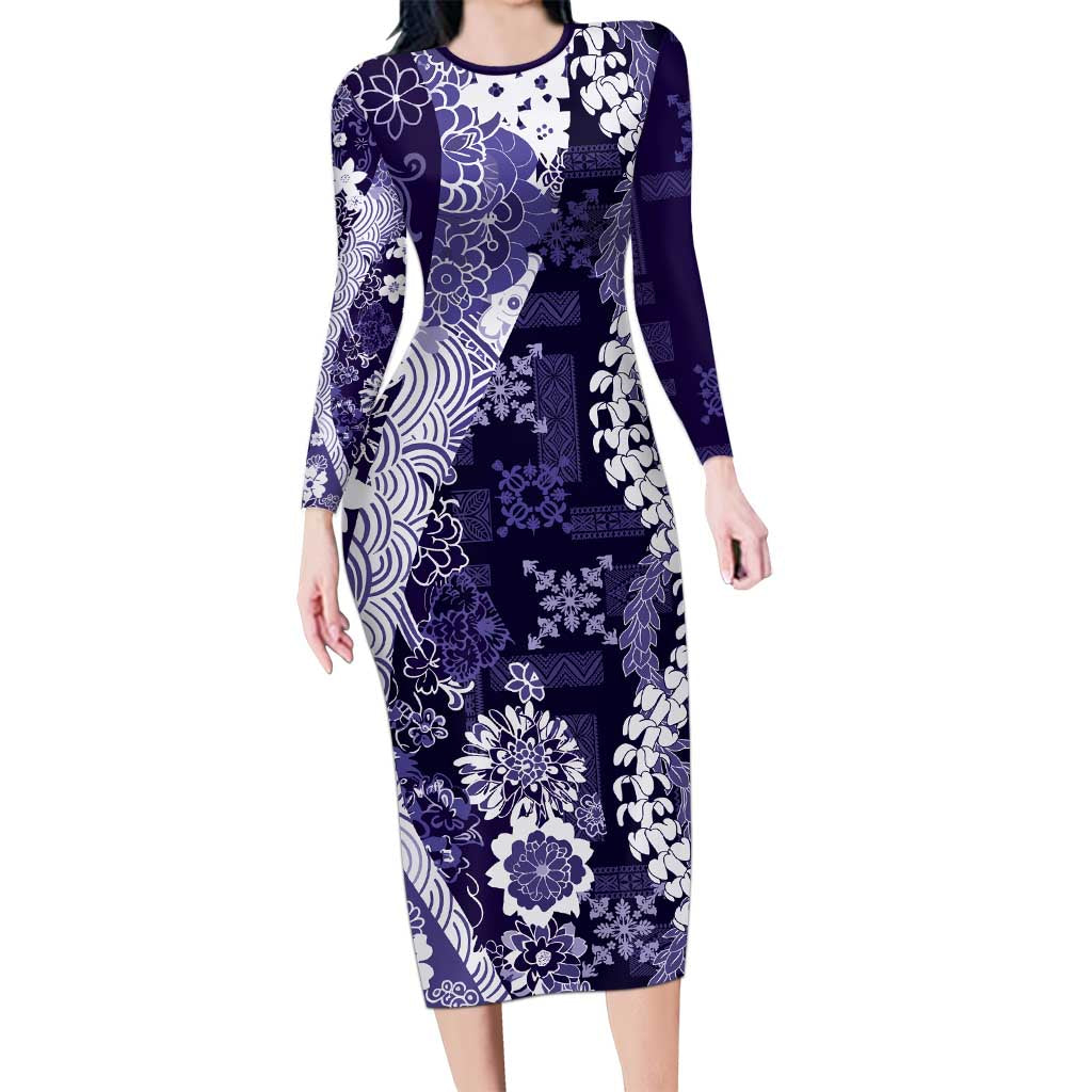Hawaii Puakenikeni and Maile Lei Family Matching Long Sleeve Bodycon Dress and Hawaiian Shirt Purple Japanese Wave Style LT9 Mom's Dress Purple - Polynesian Pride