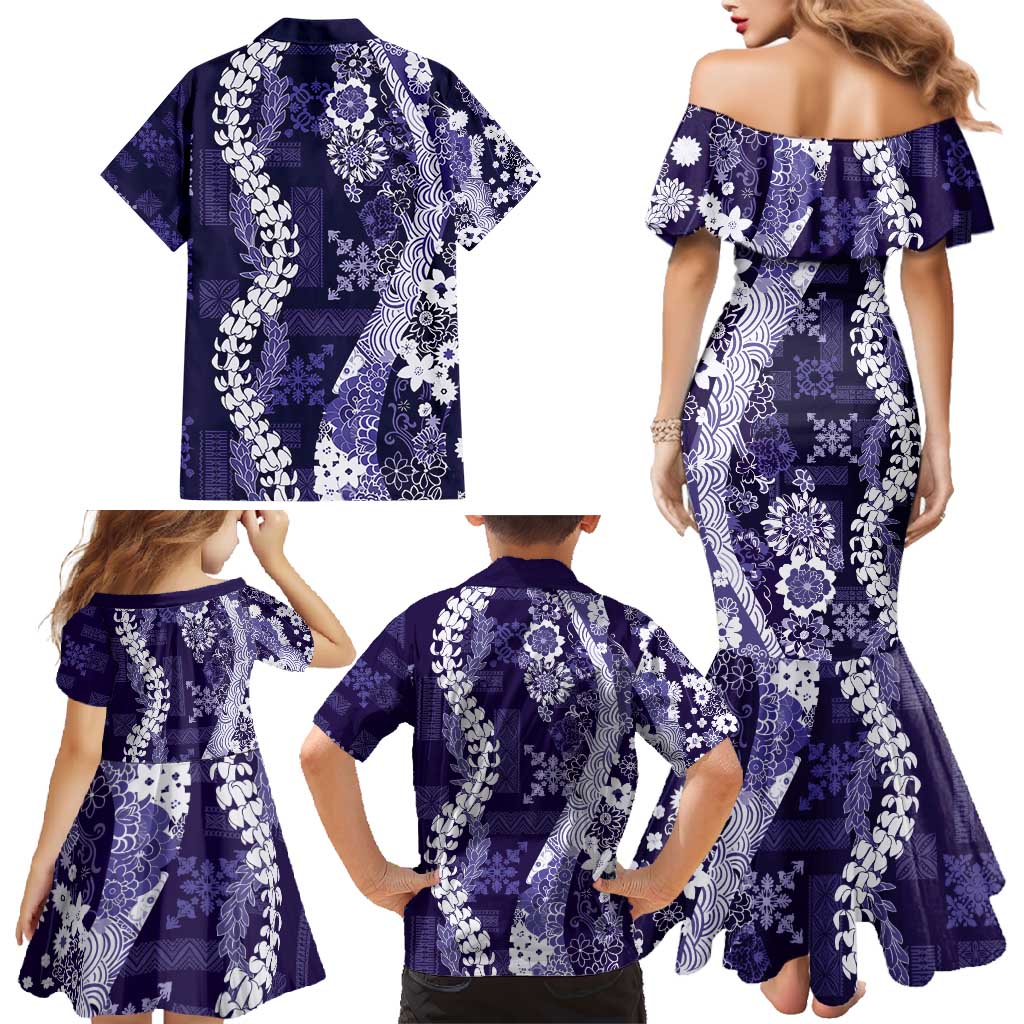 Hawaii Puakenikeni and Maile Lei Family Matching Mermaid Dress and Hawaiian Shirt Purple Japanese Wave Style LT9 - Polynesian Pride