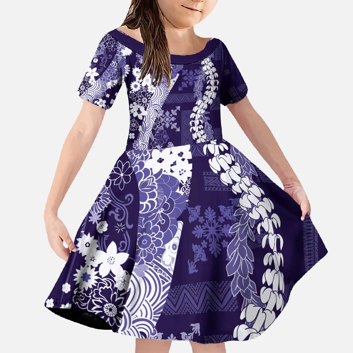 Hawaii Puakenikeni and Maile Lei Family Matching Off The Shoulder Long Sleeve Dress and Hawaiian Shirt Purple Japanese Wave Style LT9 Daughter's Dress Purple - Polynesian Pride