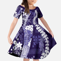 Hawaii Puakenikeni and Maile Lei Family Matching Off The Shoulder Long Sleeve Dress and Hawaiian Shirt Purple Japanese Wave Style LT9 Daughter's Dress Purple - Polynesian Pride