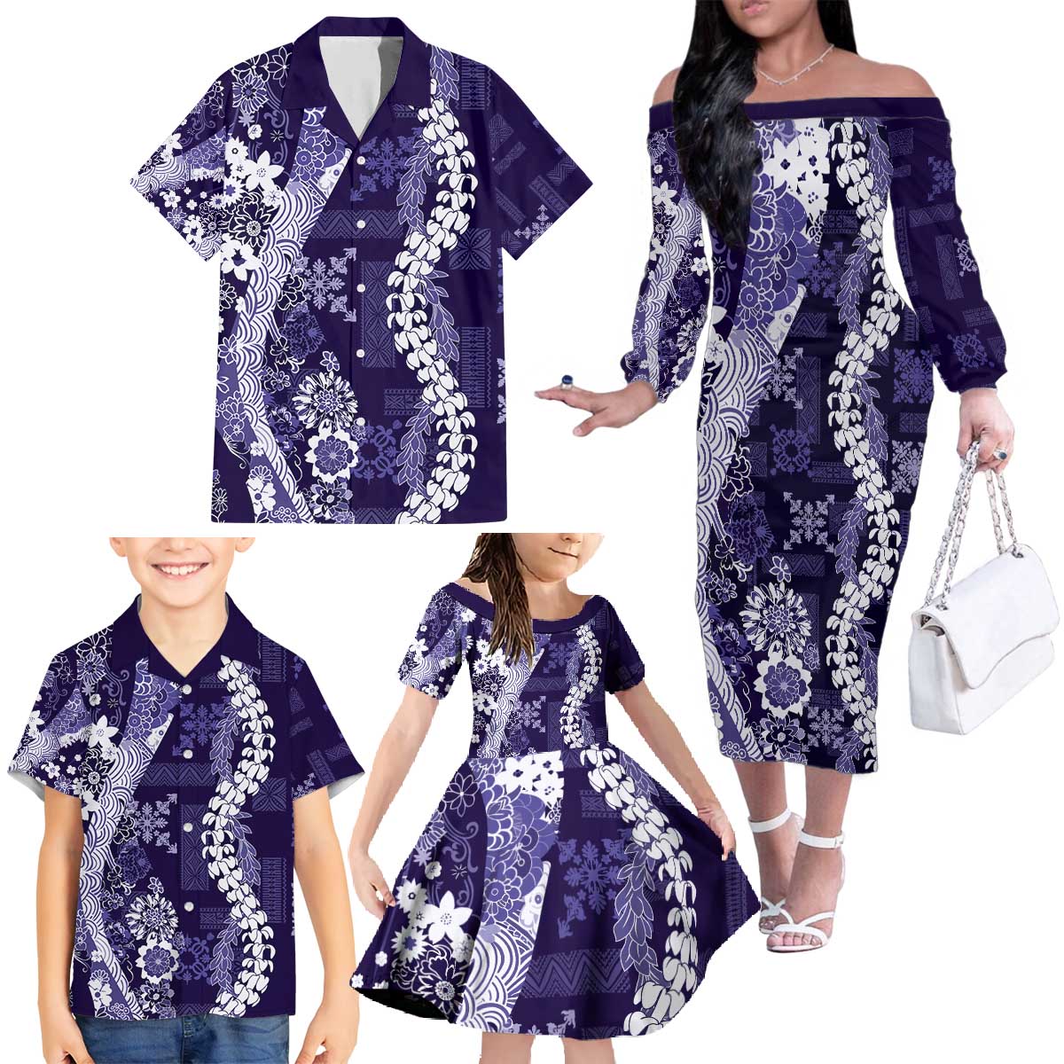 Hawaii Puakenikeni and Maile Lei Family Matching Off The Shoulder Long Sleeve Dress and Hawaiian Shirt Purple Japanese Wave Style LT9 - Polynesian Pride
