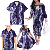 Hawaii Puakenikeni and Maile Lei Family Matching Off The Shoulder Long Sleeve Dress and Hawaiian Shirt Purple Japanese Wave Style LT9 - Polynesian Pride