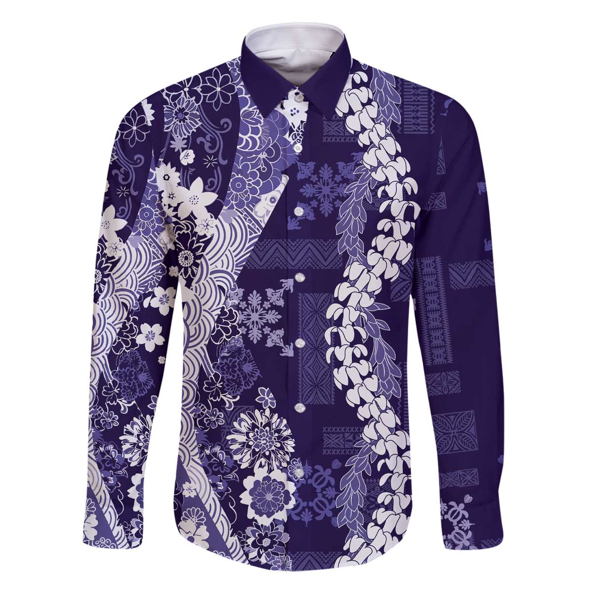Hawaii Puakenikeni and Maile Lei Family Matching Off The Shoulder Long Sleeve Dress and Hawaiian Shirt Purple Japanese Wave Style LT9 Dad's Shirt - Long Sleeve Purple - Polynesian Pride
