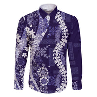 Hawaii Puakenikeni and Maile Lei Family Matching Off The Shoulder Long Sleeve Dress and Hawaiian Shirt Purple Japanese Wave Style LT9 Dad's Shirt - Long Sleeve Purple - Polynesian Pride