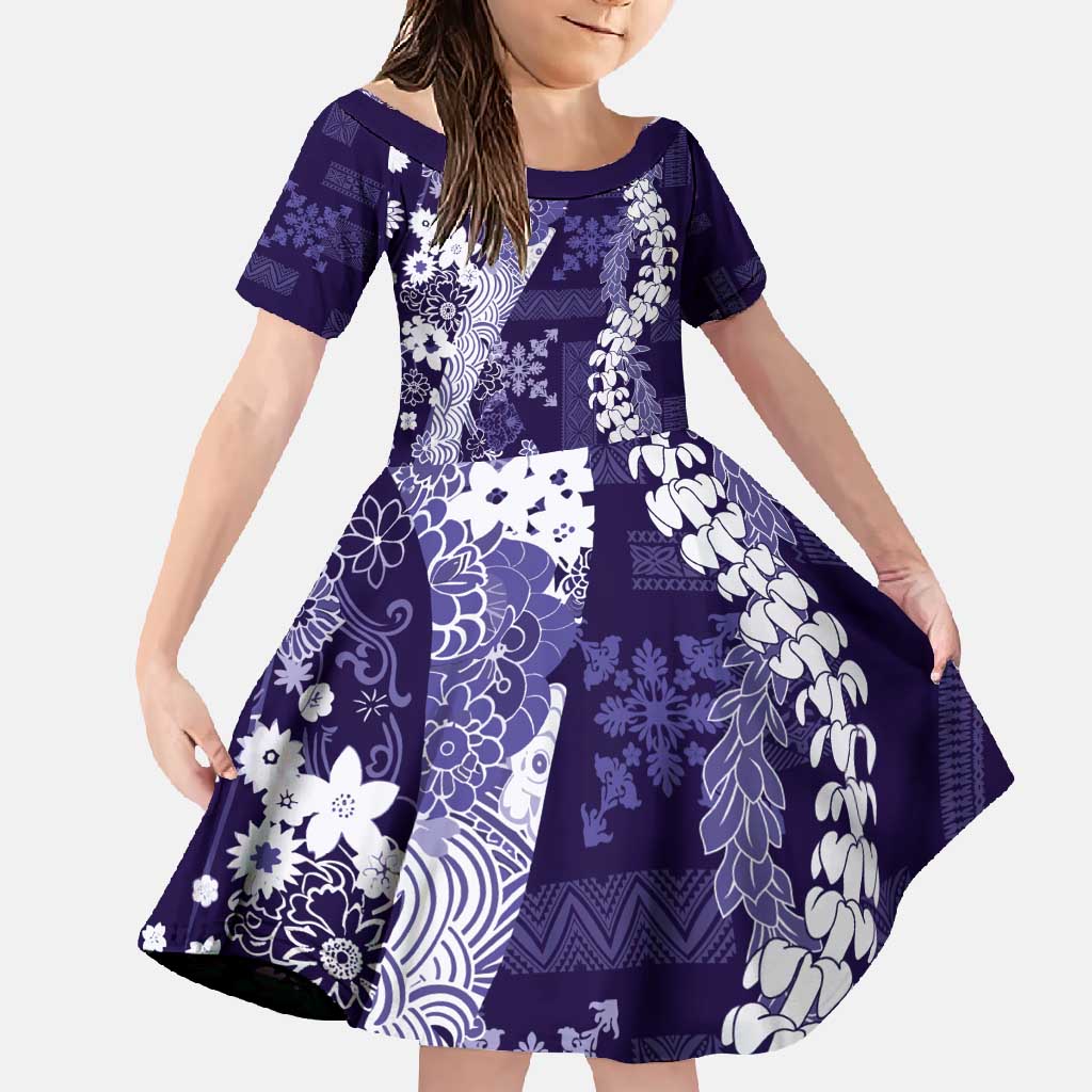 Hawaii Puakenikeni and Maile Lei Family Matching Off Shoulder Maxi Dress and Hawaiian Shirt Purple Japanese Wave Style LT9 Daughter's Dress Purple - Polynesian Pride