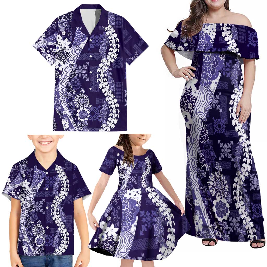 Hawaii Puakenikeni and Maile Lei Family Matching Off Shoulder Maxi Dress and Hawaiian Shirt Purple Japanese Wave Style LT9 - Polynesian Pride