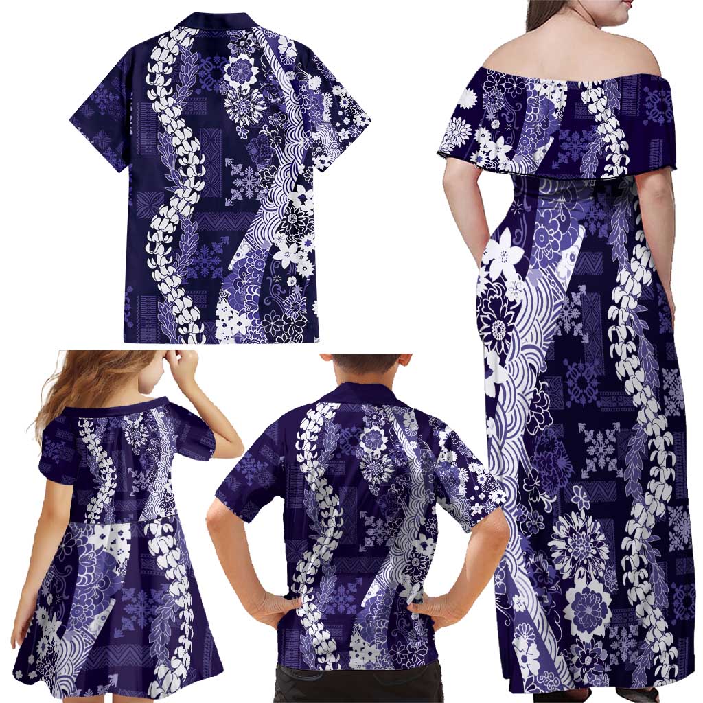 Hawaii Puakenikeni and Maile Lei Family Matching Off Shoulder Maxi Dress and Hawaiian Shirt Purple Japanese Wave Style LT9 - Polynesian Pride