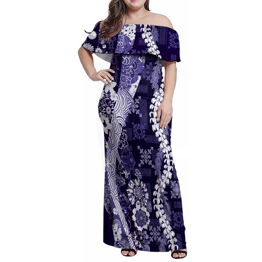 Hawaii Puakenikeni and Maile Lei Family Matching Off Shoulder Maxi Dress and Hawaiian Shirt Purple Japanese Wave Style LT9 Mom's Dress Purple - Polynesian Pride