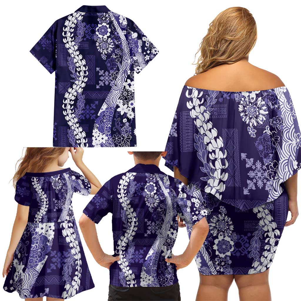 Hawaii Puakenikeni and Maile Lei Family Matching Off Shoulder Short Dress and Hawaiian Shirt Purple Japanese Wave Style LT9 - Polynesian Pride