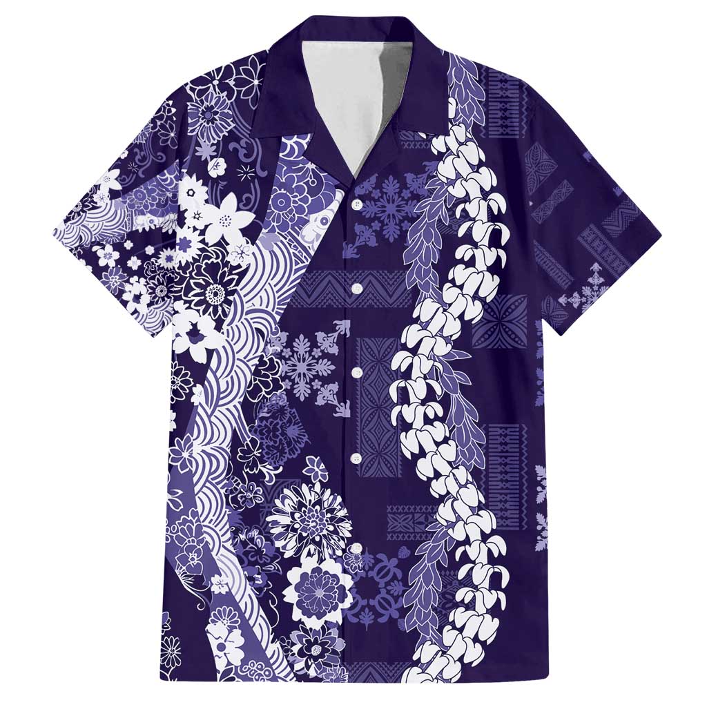 Hawaii Puakenikeni and Maile Lei Family Matching Off Shoulder Short Dress and Hawaiian Shirt Purple Japanese Wave Style LT9 Dad's Shirt - Short Sleeve Purple - Polynesian Pride