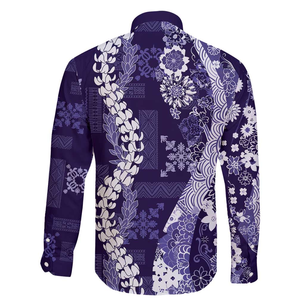 Hawaii Puakenikeni and Maile Lei Family Matching Off Shoulder Short Dress and Hawaiian Shirt Purple Japanese Wave Style LT9 - Polynesian Pride
