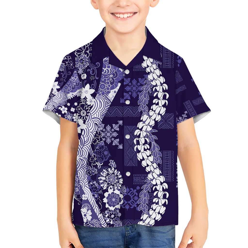 Hawaii Puakenikeni and Maile Lei Family Matching Off Shoulder Short Dress and Hawaiian Shirt Purple Japanese Wave Style LT9 Son's Shirt Purple - Polynesian Pride