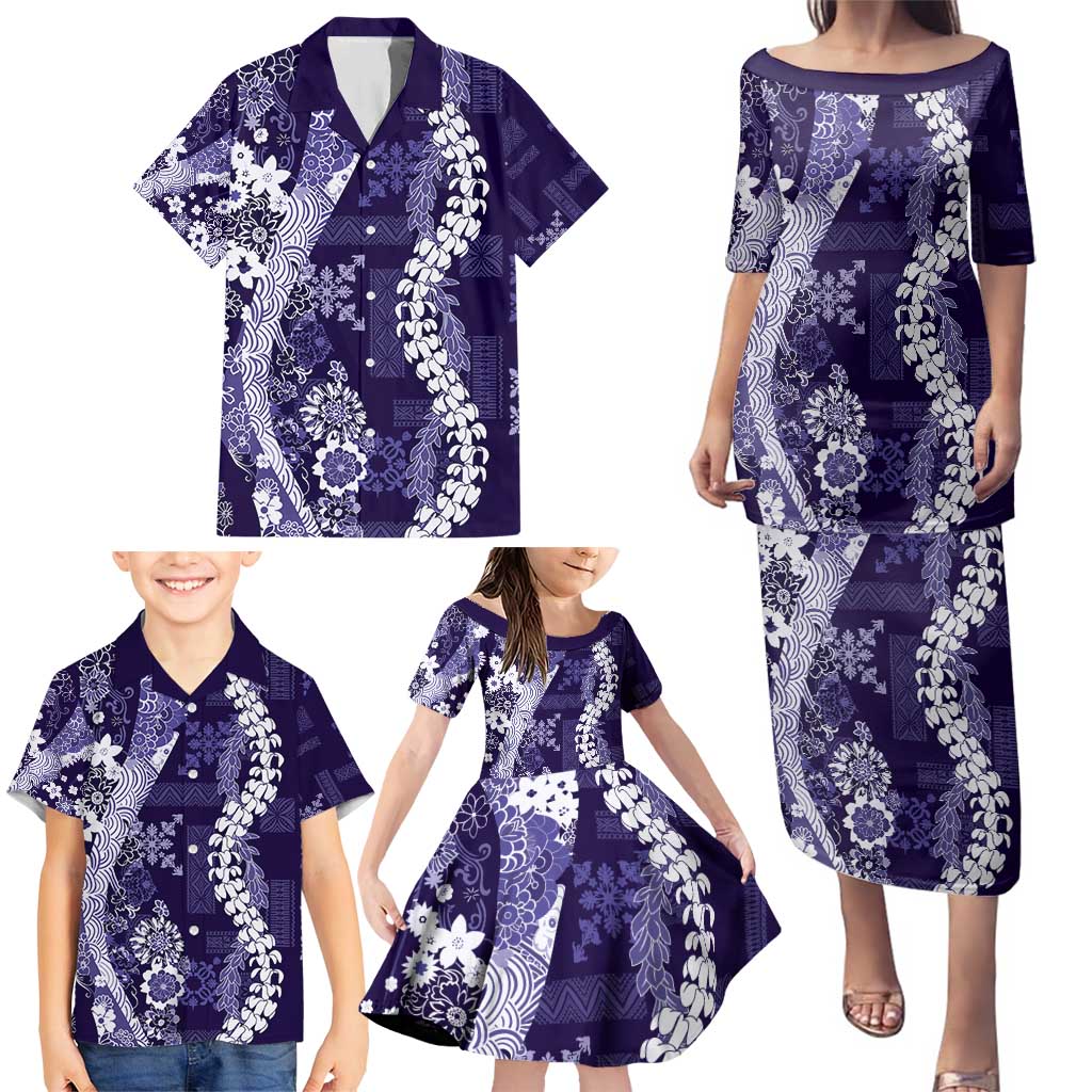 Hawaii Puakenikeni and Maile Lei Family Matching Puletasi and Hawaiian Shirt Purple Japanese Wave Style LT9 - Polynesian Pride