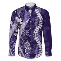 Hawaii Puakenikeni and Maile Lei Family Matching Puletasi and Hawaiian Shirt Purple Japanese Wave Style LT9 Dad's Shirt - Long Sleeve Purple - Polynesian Pride