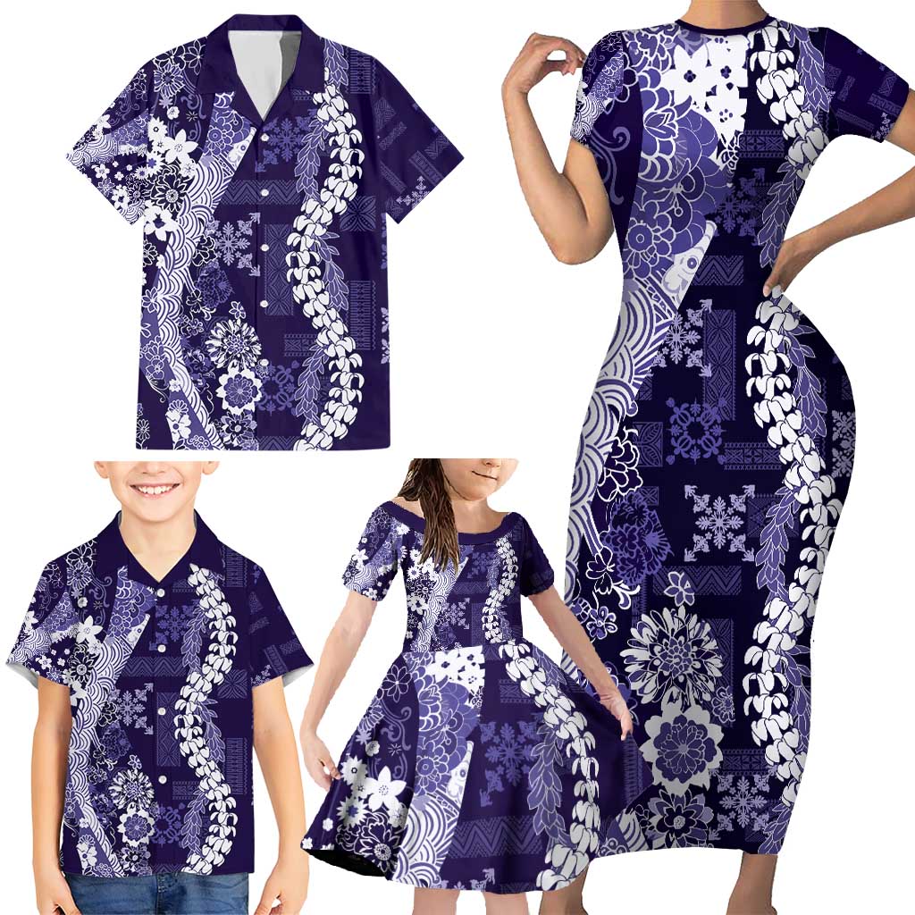 Hawaii Puakenikeni and Maile Lei Family Matching Short Sleeve Bodycon Dress and Hawaiian Shirt Purple Japanese Wave Style LT9 - Polynesian Pride