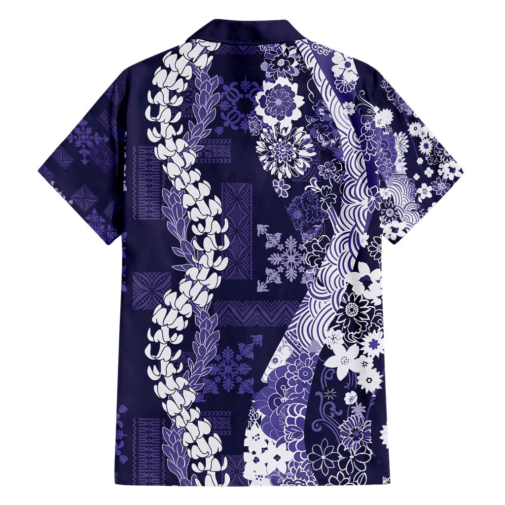 Hawaii Puakenikeni and Maile Lei Family Matching Short Sleeve Bodycon Dress and Hawaiian Shirt Purple Japanese Wave Style LT9 - Polynesian Pride