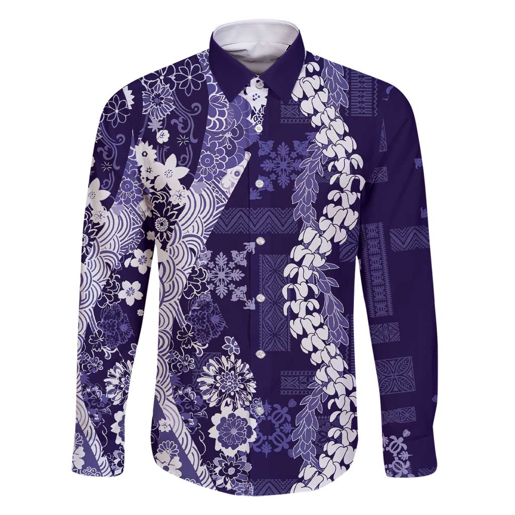 Hawaii Puakenikeni and Maile Lei Family Matching Short Sleeve Bodycon Dress and Hawaiian Shirt Purple Japanese Wave Style LT9 Dad's Shirt - Long Sleeve Purple - Polynesian Pride