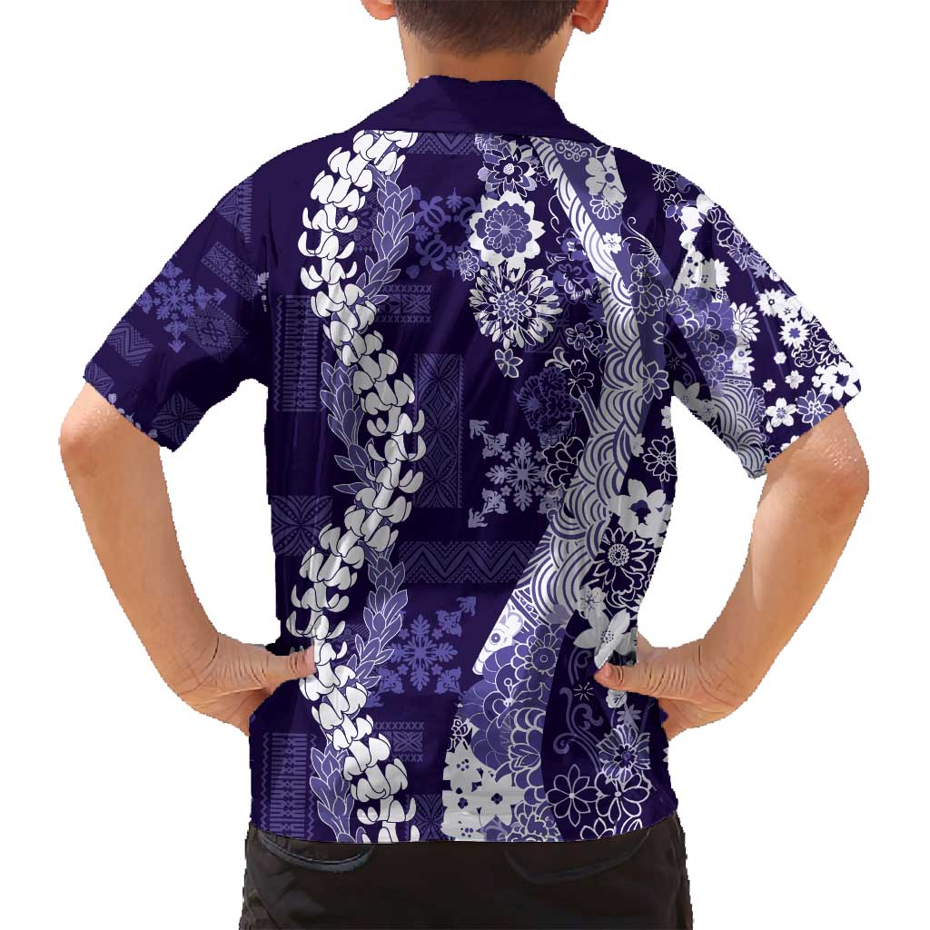 Hawaii Puakenikeni and Maile Lei Family Matching Summer Maxi Dress and Hawaiian Shirt Purple Japanese Wave Style LT9 - Polynesian Pride